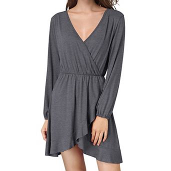 Women's V-Neck Long Sleeve Elastic Waist Ruffle Hem Wrap Casual Dress