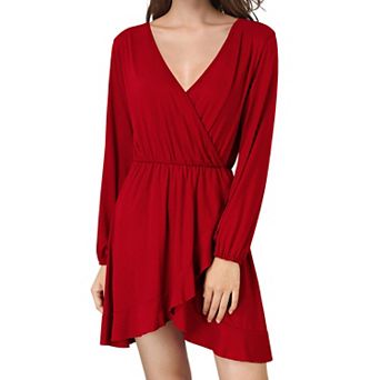 Women's V-Neck Long Sleeve Elastic Waist Ruffle Hem Wrap Casual Dress
