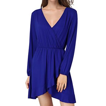 Women's V-Neck Long Sleeve Elastic Waist Ruffle Hem Wrap Casual Dress
