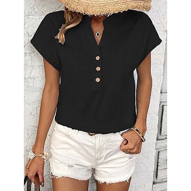 Women's V-Neck Button-Down Short Sleeve Linen Blend Casual Shirt