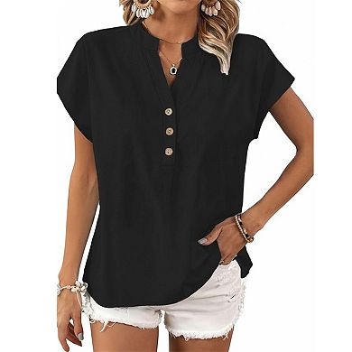 Women's V-Neck Button-Down Short Sleeve Linen Blend Casual Shirt
