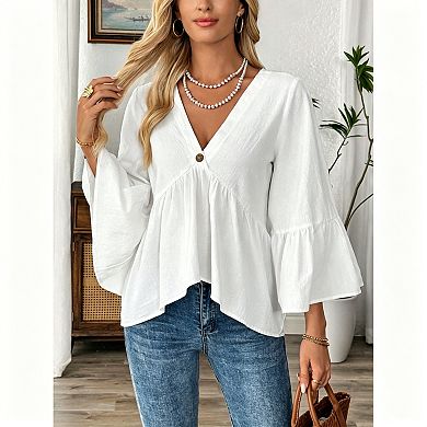 Women's 100% Cotton V-Neck Ruffle Wide Sleeve Peplum Top