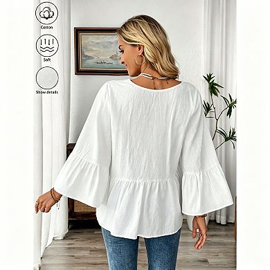 Women's 100% Cotton V-Neck Ruffle Wide Sleeve Peplum Top