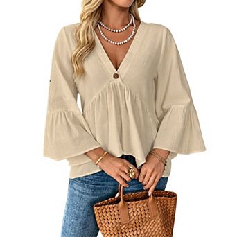 Women's 100% Cotton V-Neck Ruffle Wide Sleeve Peplum Top