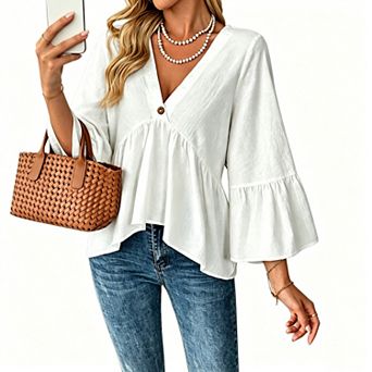 Women's 100% Cotton V-Neck Ruffle Wide Sleeve Peplum Top