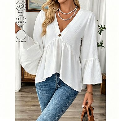 Women's Cotton V-Neck Button Accent Wide Sleeve Peplum Blouse