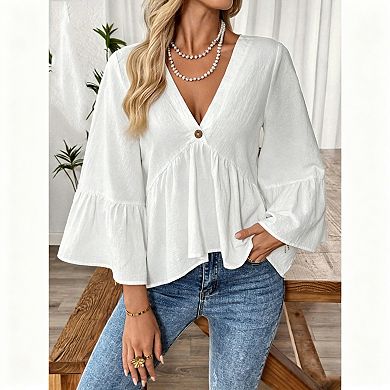 Women's Cotton V-Neck Button Accent Wide Sleeve Peplum Blouse