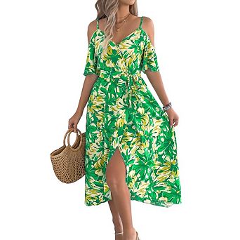 Women's casual dress with ruffled short sleeves round neck and layered floral print