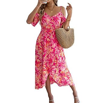 Women's casual dress with ruffled short sleeves round neck and layered floral print