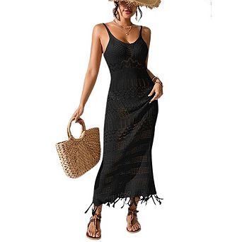 Women's Casual Sleeveless Knit V-neck Spaghetti Strap Sundress with Tassels
