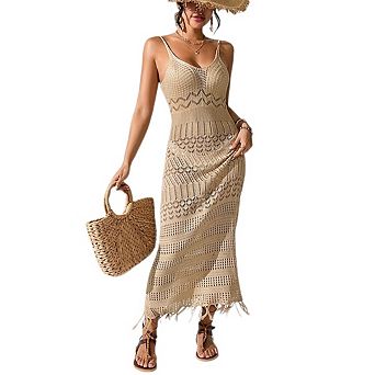 Women's Casual Sleeveless Knit V-neck Spaghetti Strap Sundress with Tassels