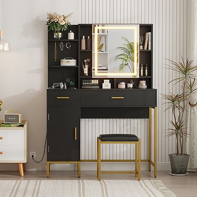 Makeup Vanity Desk with 3 Color LED Mirror,2 Drawers Storage & Hooks, Dressing Table with Stool