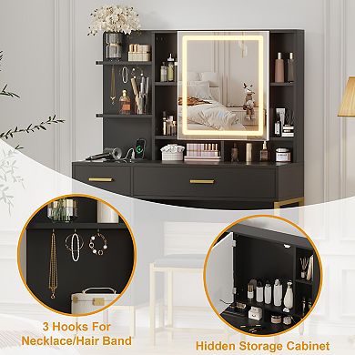 Makeup Vanity Desk with 3 Color LED Mirror,2 Drawers Storage & Hooks, Dressing Table with Stool