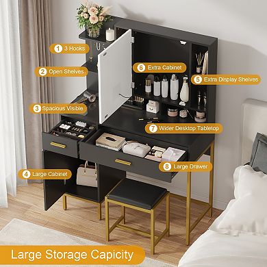 Makeup Vanity Desk with 3 Color LED Mirror,2 Drawers Storage & Hooks, Dressing Table with Stool