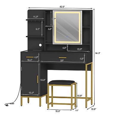 Makeup Vanity Desk with 3 Color LED Mirror,2 Drawers Storage & Hooks, Dressing Table with Stool
