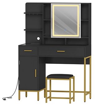 Makeup Vanity Desk with 3 Color LED Mirror,2 Drawers Storage & Hooks, Dressing Table with Stool