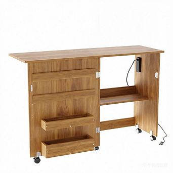 Multi-functional Foldable Craft Sewing Desk with Charging Port Rolling Wheels Organizer Shelf