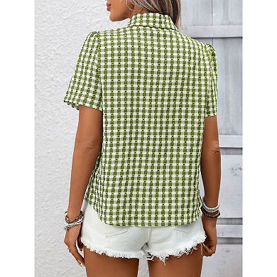 Short Sleeve Gingham Button Down Blouse Women's Plaid Shirt with Chest Pocket