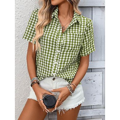 Short Sleeve Gingham Button Down Blouse Women's Plaid Shirt with Chest Pocket