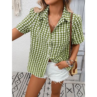 Short Sleeve Gingham Button Down Blouse Women's Plaid Shirt with Chest Pocket