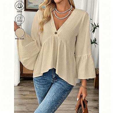 Women's Cotton V-Neck Peplum Blouse with Button Detail