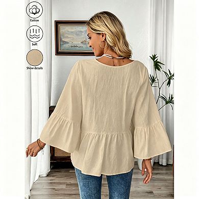 Women's Cotton V-Neck Peplum Blouse with Button Detail