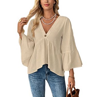 Women's Cotton V-Neck Peplum Blouse with Button Detail