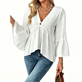 Women's Cotton V-Neck Peplum Blouse with Button Detail