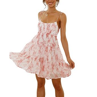 Women's Square Neck Tie Shoulder Spaghetti Strap Floral Print Tiered Ruffle Backless Summer Dress