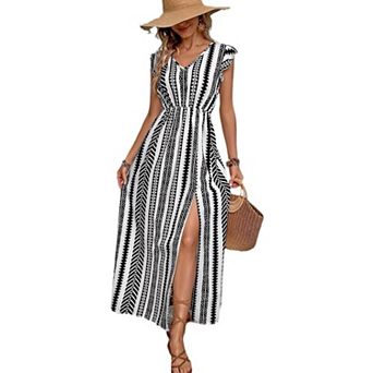 Women's Geometric Print Maxi Dress, V-Neck Ruffle Cap Sleeve Elastic Waist Side Slit Flowy Sundress