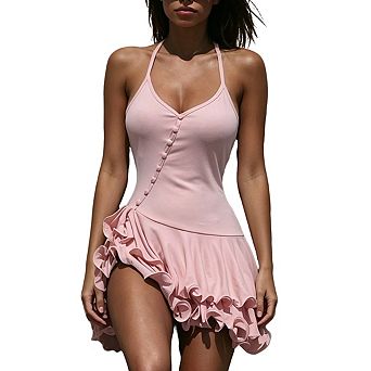 Women's Halter Tie Back V‑Neck Button Front Slim Fit Double Layer Ruffle Hem Summer Mini Dress