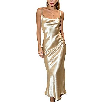 Women's Cowl Neck Satin Slip Midi Dress Spaghetti Strap Tie Open Back Bodycon Evening Party Dress