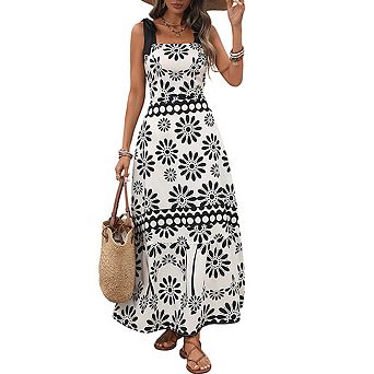 Women's Square Neck Bow Spaghetti Strap Floral Tiered Maxi Dress Smocked Back Summer Casual Dress