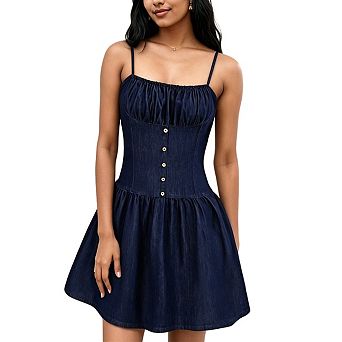 Women's Spaghetti Strap Square Neck Denim Dress Ruched Bust Button Front Skirt Casual Summer Dress