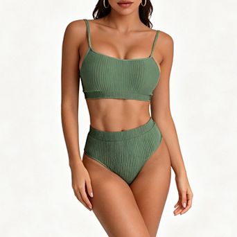 Women's Ribbed High-Waisted Bikini Set, Spaghetti Strap U-Neck Textured Two-Piece Swimsuit