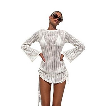 Women's Crochet Knit Cover-Up Dress, Long Bell Sleeve Drawstring Side Ruched Beach Swimwear Tunic