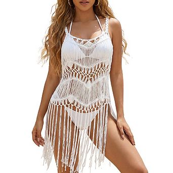Women's Crochet Fringe Sleeveless Semi-Sheer Beach Cover-Up Tunic Dress