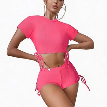 Women's Ribbed Two-Piece Swim Set Short Sleeve Crop Top with High Waist Shorts