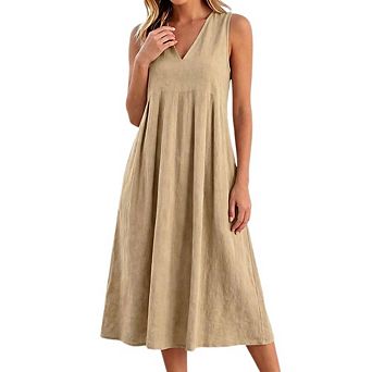 Women's Sleeveless V Neck Soft Cotton Midi Dress with Pockets