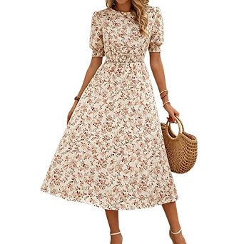Women's Floral Puff Sleeves Smocked Dress Elegant Causal Midi Dresses