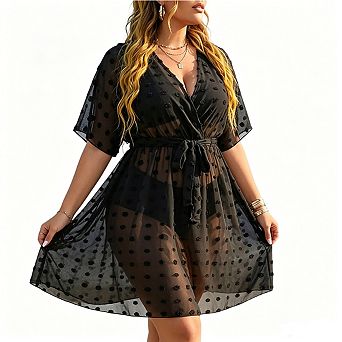 Plus Size Swiss Dot Sheer Wrap Cover-Up Dress Short Sleeve V-Neck Belted Beach Tunic