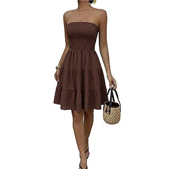 Women's Strapless Tube Tiered Dress Smocked Waist A-Line Casual Mini Dress
