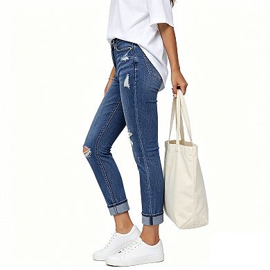 Women’s Mid Rise Distressed Cropped Jeans, Rolled Cuff Stretch Denim Pants