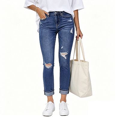 Women’s Mid Rise Distressed Cropped Jeans, Rolled Cuff Stretch Denim Pants