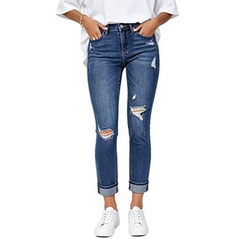Women’s Mid Rise Distressed Cropped Jeans, Rolled Cuff Stretch Denim Pants
