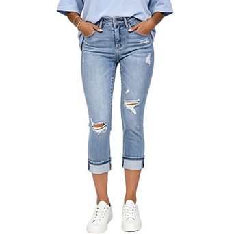 Women’s Mid Rise Distressed Cropped Jeans, Rolled Cuff Stretch Denim Pants