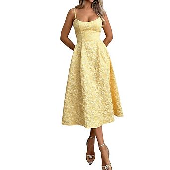 Women's Jacquard Textured Spaghetti Strap Midi Dress Fit-and- A-Line Formal Party Dress