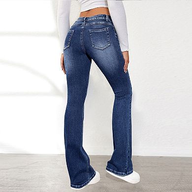 Women’s Mid Rise Leg Jeans, Stretchy Denim Pants with Classic Five-Pocket Design