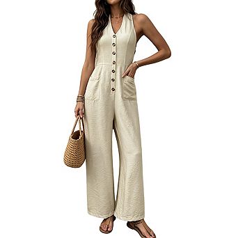 Womens Halter Neck Wide Leg Jumpsuit Front Button Detail Back Tie Closure Romper