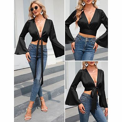 Women's Bell Sleeve Tie‑Waist Cropped Wrap Blouse